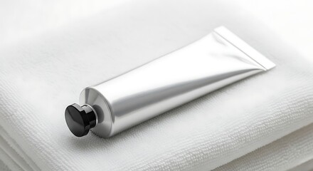 Minimalist Hand Cream Tube on Soft White Towel, Clean Beauty Concept.