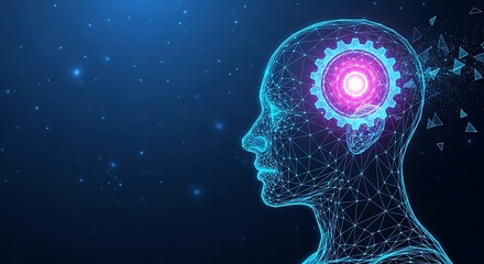 Robot Head With Digital Brain And Wireframe Anatomy Background