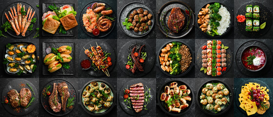 Photo collage of food on plates. Banner with a lot of images of dishes and snacks. On a black background. Top view. Wide horizontal image.