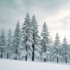 Fototapeta premium Serene Winter Landscape of Snow-Covered Pine Trees Under a Soft Cloudy Sky – High-Resolution Nature Wallpaper of Peace, Quiet, and Seasonal Beauty