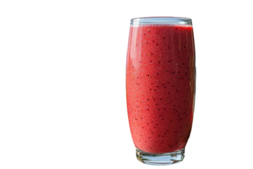 A colorful layered strawberry and kiwi smoothie in a tall glass, blending vibrant red and green against a tropical beach backdrop