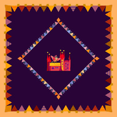 Fairy bird on the roof of the castle on a dark eggplant background. Frames from many small triangular patchwork pieces. Funny print for a rug, napkin, pillowcase.
