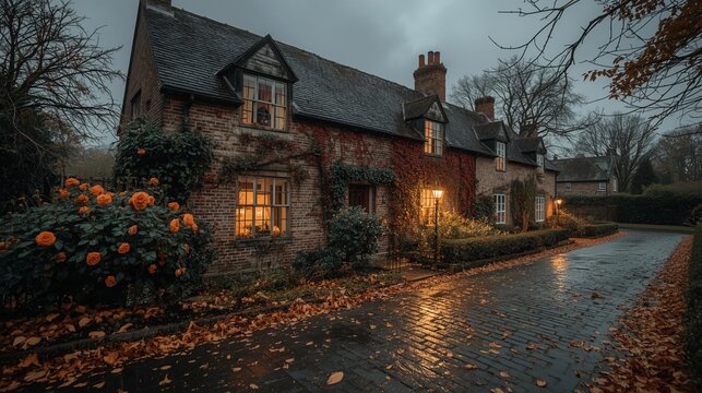 An old English cottage with a shabby roof and leaded windows, surrounded by an overgrown autumn rose garden, orange leaves strewn across a cobbled street glistening with rain, ivy turning red along th