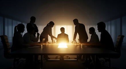 Silhouetted business people gathered around a conference table in a dimly lit room with bright light emanating from the center