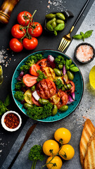 Fresh vegetable summer colorful salad. Vegetarian food. Top view.