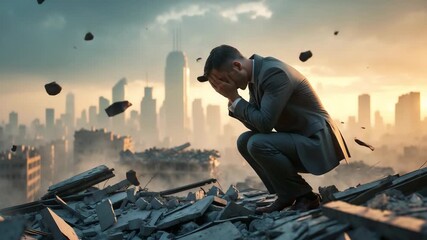 Businessman Kneeling on Cracked Ground in City Ruins Representing Failure and Crisis