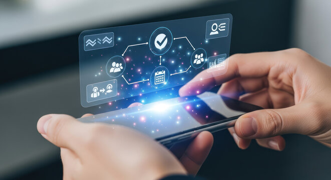 Person's hands interacting with a futuristic holographic interface displaying a business workflow diagram on a smartphone. - Powered by Adobe