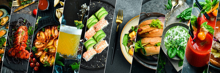 Background of food dishes and snacks. Photo collage, banner from photos.