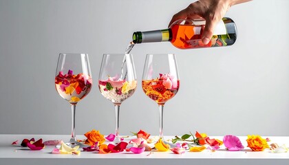 Hand pouring blossoms into glasses on gray background