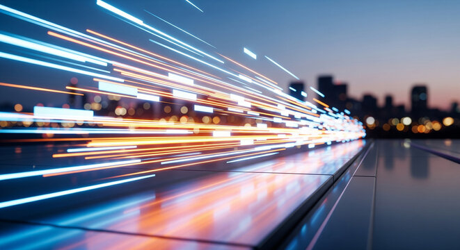 Graphic of high-speed communication light trails spreading across a night cityscape - Powered by Adobe