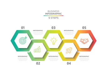 Modern infographic template design with 5 steps. Business hexagon template with options for diagram, workflow, timeline, web design.