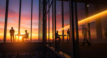 Silhouettes of businessmen working in modern office at sunset with city skyline view image photo
