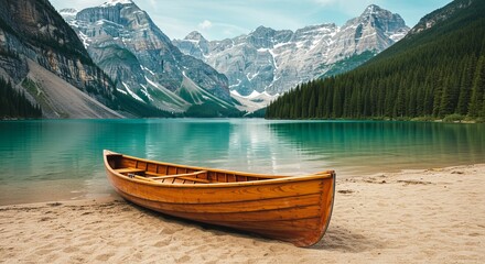 Tranquil mountain lake with canoe on sandy shore offers serene escape and adventure