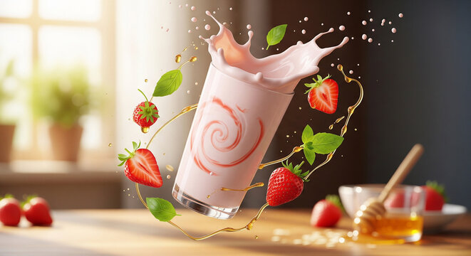 A splash of strawberry milk in motion with strawberries, mint leaves and honey floating around