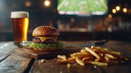 Delicious cheeseburger and crispy fries set on a wooden table near a sports bar backdrop showing a football game