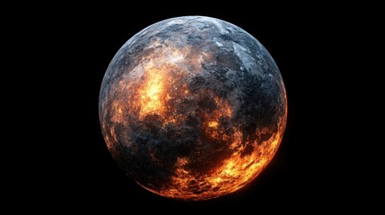 Naklejka premium Burning planet in deep space showcasing fiery surface and rocky texture with dark background