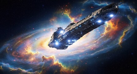 Battleship flies past a bright nebula, lights gleaming in the darkness