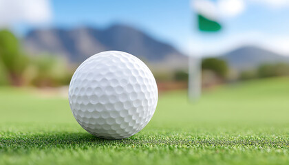 Obraz premium Golf ball close up on green grass with flag in background on golf course under blue sky with mountain view