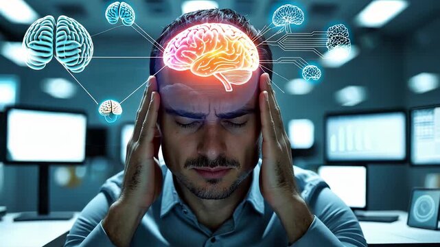 Stressed Businessman Holding Head with Glowing Brain Overlay and Artificial Intelligence Icons