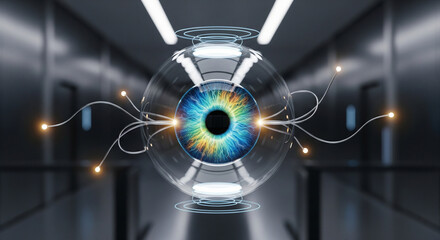 Security image of an eyeball iris authentication system floating in a sturdy silver corridor