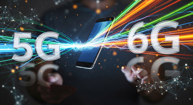 Graphic image of high-speed 5G and 6G radio waves emitted from a smartphone - Powered by Adobe