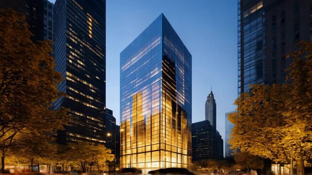 Modern Office Skyscraper Illuminated at Sunset in Vibrant Downtown Cityscape