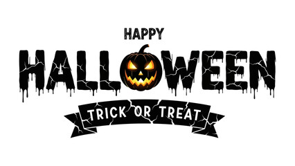 Spooky Halloween Greeting: Captivating Happy Halloween emblem with an illuminated jack-o'-lantern amidst a banner, ideal for conveying eerie greetings and celebratory vibes. 