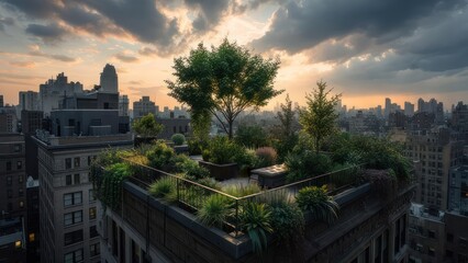 Fototapeta premium Rooftop garden with city skyline at sunset