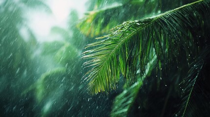 Lush green palm leaves glisten during a heavy rainstorm in a tropical rainforest environment full of vibrant life