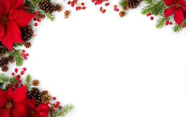 Christmas Frame with Poinsettias, Pine Branches, and Berries on White Background