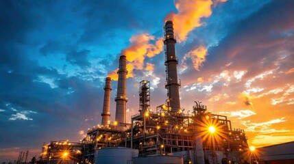 Fototapeta premium Industrial landscape at sunset showcasing a power plant with smokestacks, vibrant clouds, and glowing lights