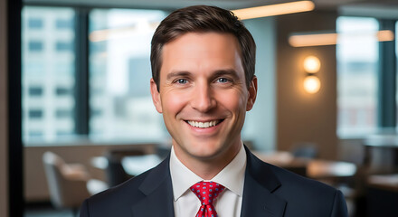 Smiling Caucasian man in a suit and tie in a blurred office background portrait happy