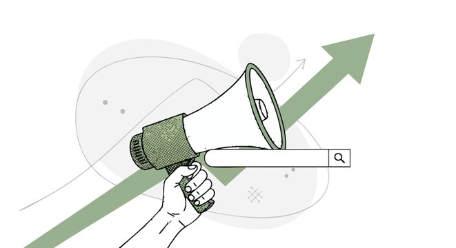 Hand holding a megaphone with a search bar and an upward arrow, representing marketing and growth.