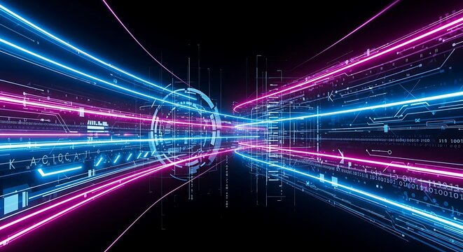 Futuristic digital tunnel, showcasing vibrant neon light trails and complex circuit patterns, creating a sense of speed and technological advancement. - Powered by Adobe