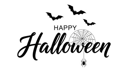 Spooky Halloween greeting card: A whimsical Halloween design featuring the text Happy Halloween along with spooky elements like bats and spider webs, ideal for greeting cards, invitations.