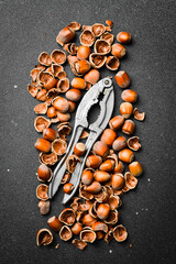 Hazelnut and Tutcracker,tongs for nuts on a dark stone table. Top view. Organic food.