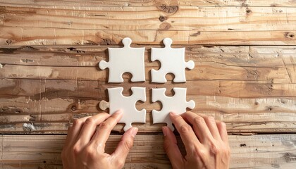 Completing the Puzzle: Hands Assemble Four Pieces on Wood