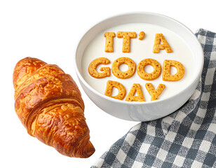 Hyper-realistic PNG of cereal pieces forming It’s a Good Day in a creamy milk bowl