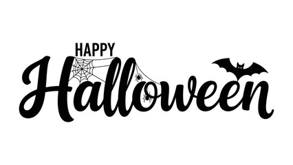 Happy Halloween Text in Black and White: A classic and spooky Happy Halloween message with web, bat, and ghost elements, evoking a sense of dread and festive spirit in a minimalistic style.