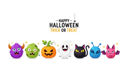Happy Halloween Trick or Treat Characters: Delightful Halloween characters. featuring various Halloween monsters and creatures arranged in a row. Perfect for festive decor and themed designs.