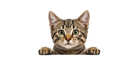 A cute tabby kitten with green eyes peeks over a white ledge, looking directly at the viewer.