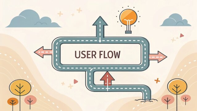 User Flow Illustration with Arrows, Pathways, Clouds, and Creative Design Elements