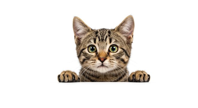 A cute tabby kitten with green eyes peeks over a white ledge, looking directly at the viewer. - Powered by Adobe