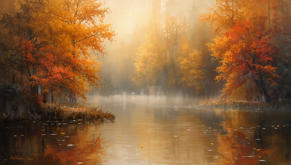 Obraz premium 黄金色の紅葉が水面に溶け込む穏やかな池畔を印象派のタッチで抽象化し、広告やポスターに適した上質なコピースペースを確保.生成AI