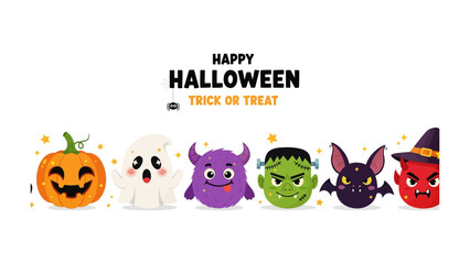 Halloween Characters Lineup: A vibrant array of cartoon characters with smiles, creating a sense of lighthearted and enjoyable celebration of Halloween season.