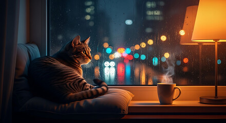 Tabby cat looking out a rain-streaked window at night with bokeh city lights and a steaming cup of coffee