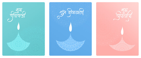 Set of Minimal Aesthetic Designs for Diwali Greeting with Mandala and Shubh Depawali written in Hindi Language