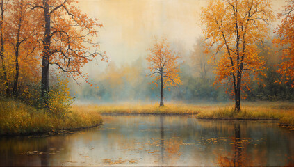 Obraz premium 霧が光を柔らかく散らす朝の池を抽象油彩で描き込み、落ち着いた彩度と広い余白が企業資料にも馴染む万能ビジュアル.生成AI