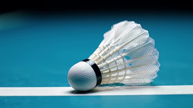 Close Up of White Feathered Shuttlecock on Blue Badminton Court Surface