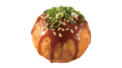 Delicious takoyaki ball with savory sauce, green onions, and sesame seeds invites a culinary adventure, perfect for food blogs and restaurant menus